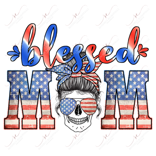 Blessed Mom Red White Blue Messy Bun Skull - Htv Transfer
