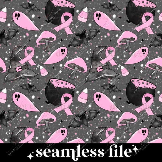 seamless halloween design. Dark grey background with white and pink dots and stars. The foreground has a black cauldron with pink potion bubbling out. Black bats and witches hats, pink candy corns, pink ghost, pink mushrooms, and a pink breast cancer awareness ribbon.