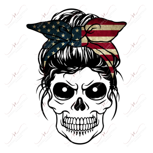 Messy Bun Flag Skull - Ready To Press Sublimation Transfer Print Sublimation