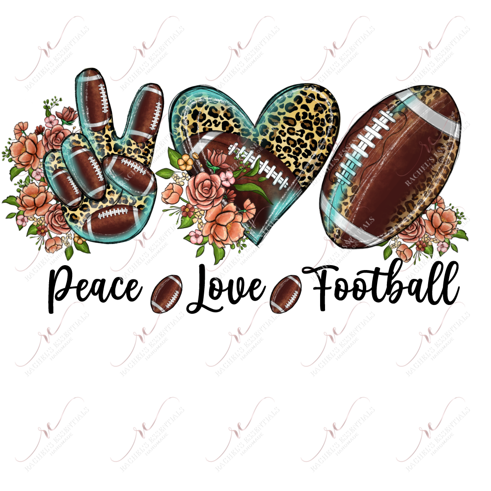 peace, love, football in leopard, teal & football patterns. Orange and pinks flower are throughout the design.
