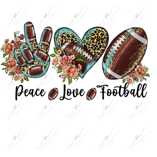 peace, love, football in leopard, teal & football patterns. Orange and pinks flower are throughout the design.