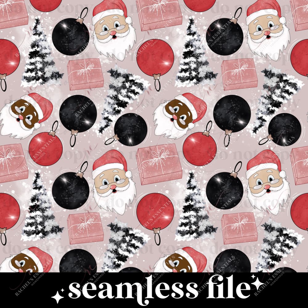 Santa shown in a light-skinned and dark-skinned ethnicity with red and black christmas ornaments, red wrapped presents, and white and black christmas trees.