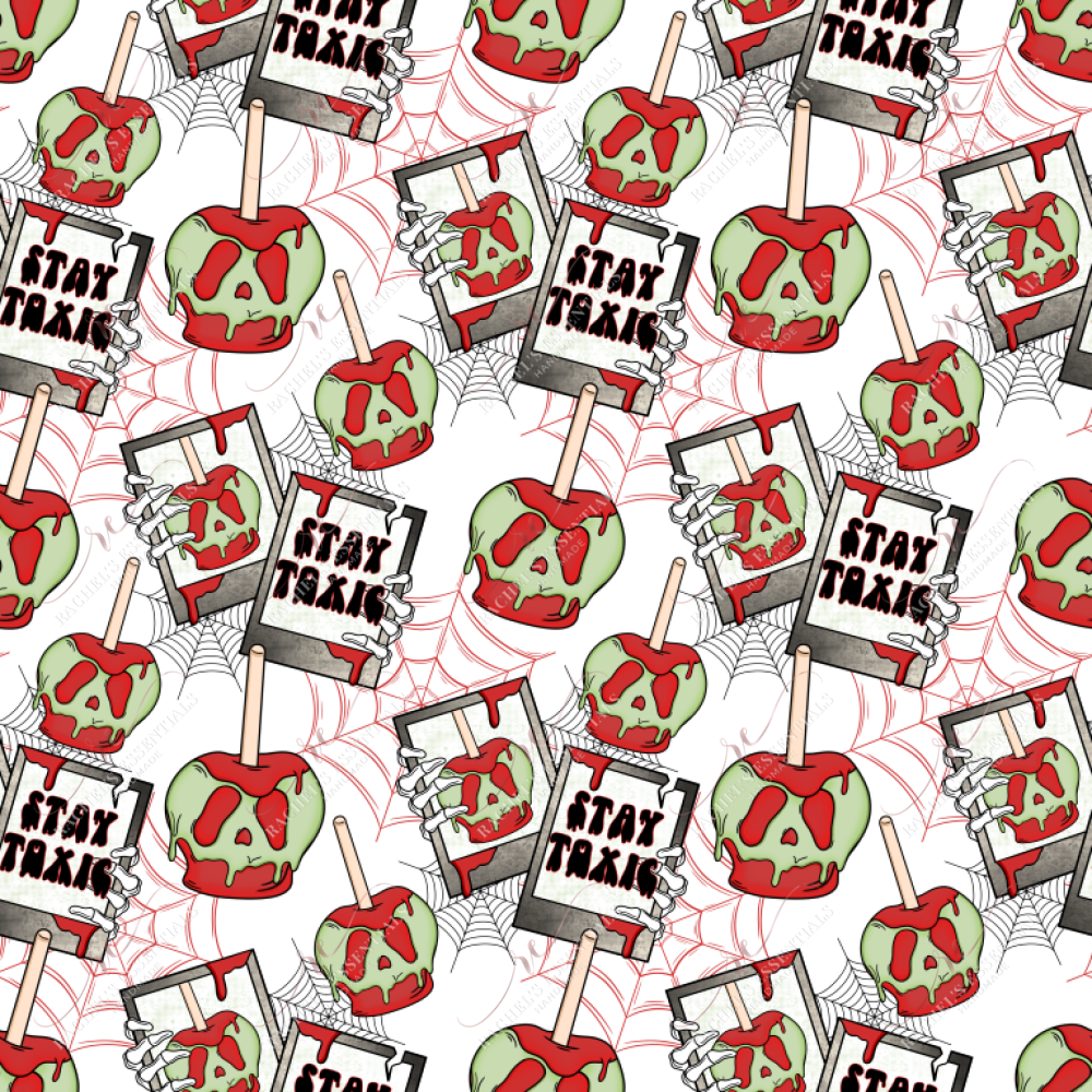 Seamless pattern featuring red and black spiderwebs in the background. In the foreground, bloody and toxic red and green apples on sticks are scattered throughout. Skeleton hands holding two polaroid pictures and repeated throughout the design. One polaroid is a picture of the red and green bloody/poison apple. The other polaroid says 'Stay Toxic' with blood dripping from it.