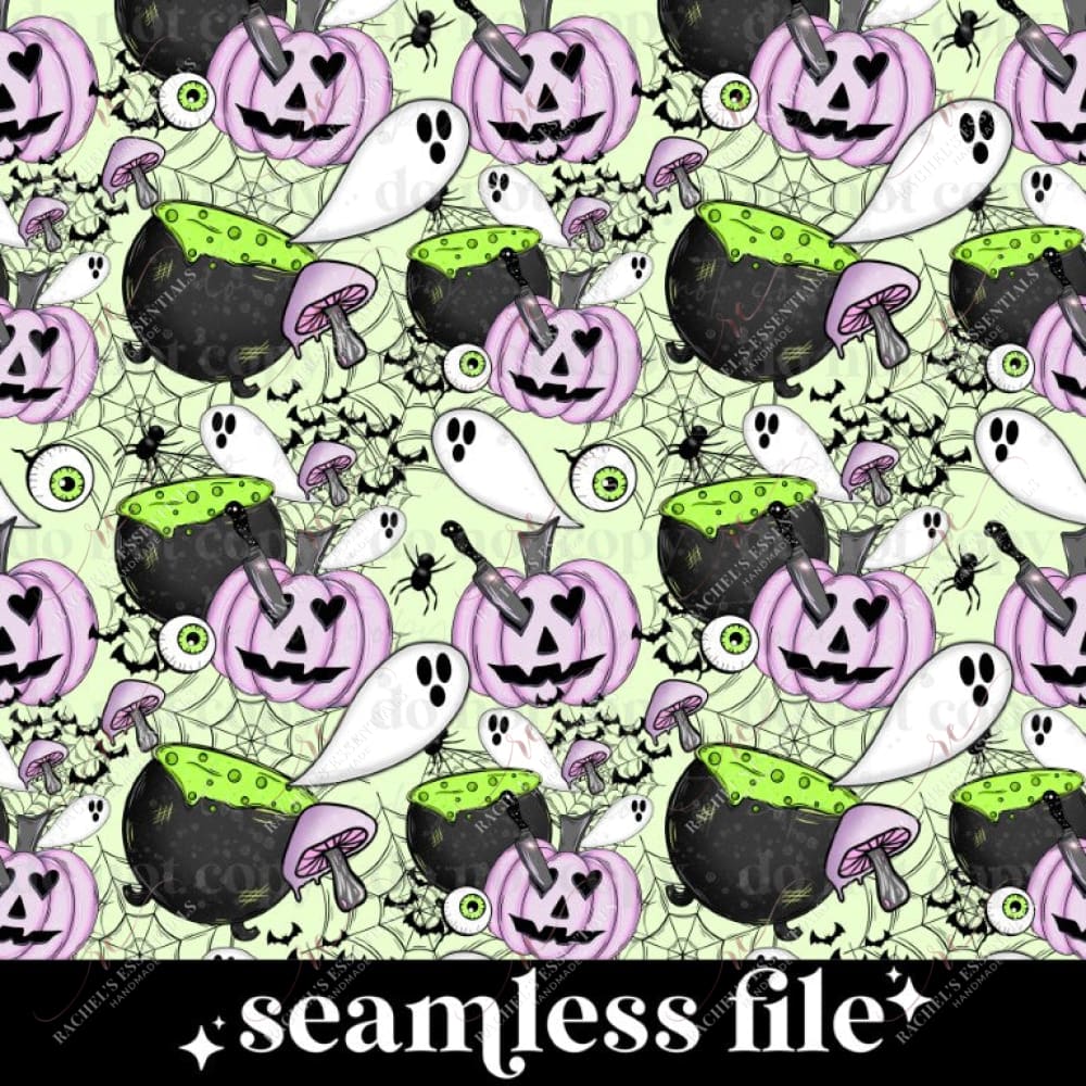seamless spooky halloween design with light green background. Design features spiderwebs, spiders, bats, purple mushrooms, ,eyeballs, white ghosts, purple jack-o-lanterns with knives through the eyes, and black cauldrons with green bubbling potion