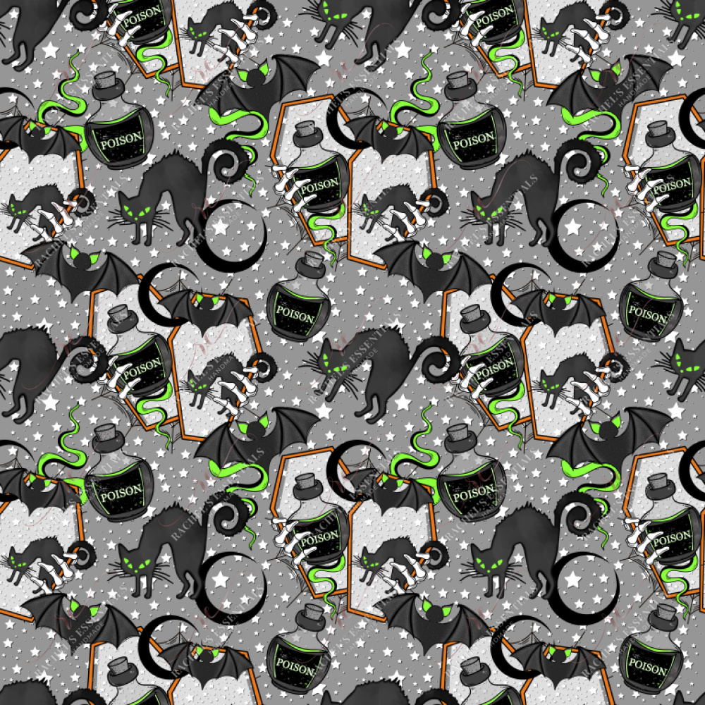Seamless spooky design featuring black bats with glowing green ears, bright green snakes, black crescent moons, mirror shaped coffins with skeleton hands emerging from them holding black/green poison bottles and black cats with glowing green eyes. The background is grey with light grey stars