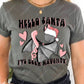 Model wearing a short sleeve shirt featuring a spooky Christmas design. The design says hello santa I've been naughty with a bat wearing a santa hat, holding a phone, and has pink hearts around it.