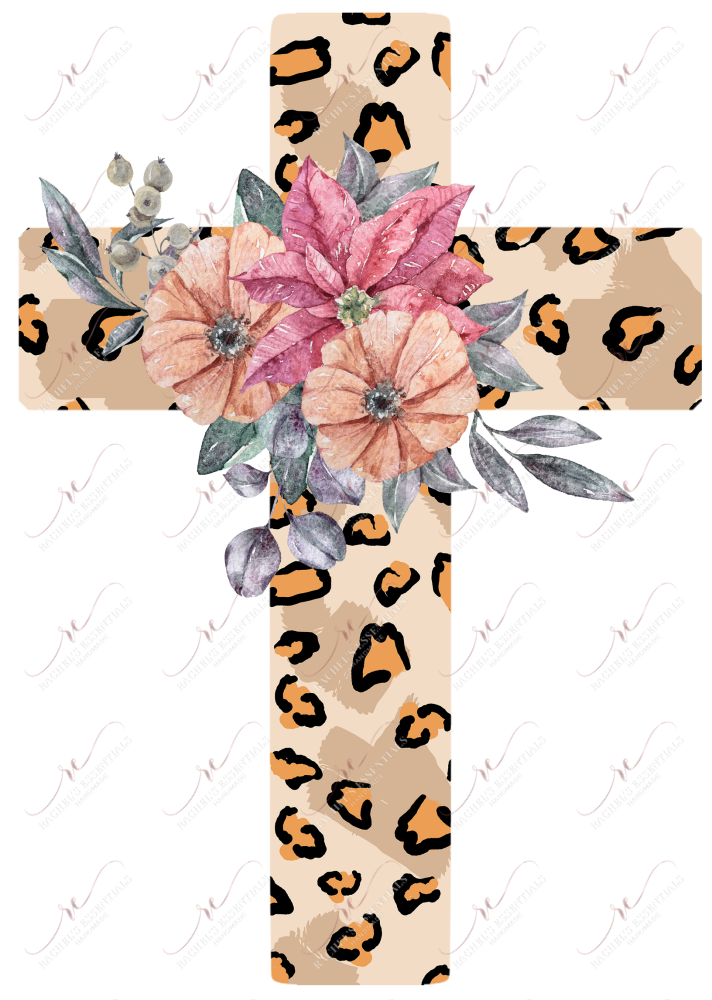 Leopard Cross With Flowers - Ready To Press Sublimation Transfer Print Sublimation