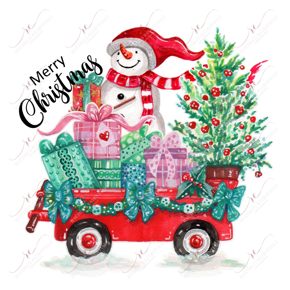 Merry Christmas Snowman Presents Wagon - Ready To Press Sublimation Transfer Print Sublimation