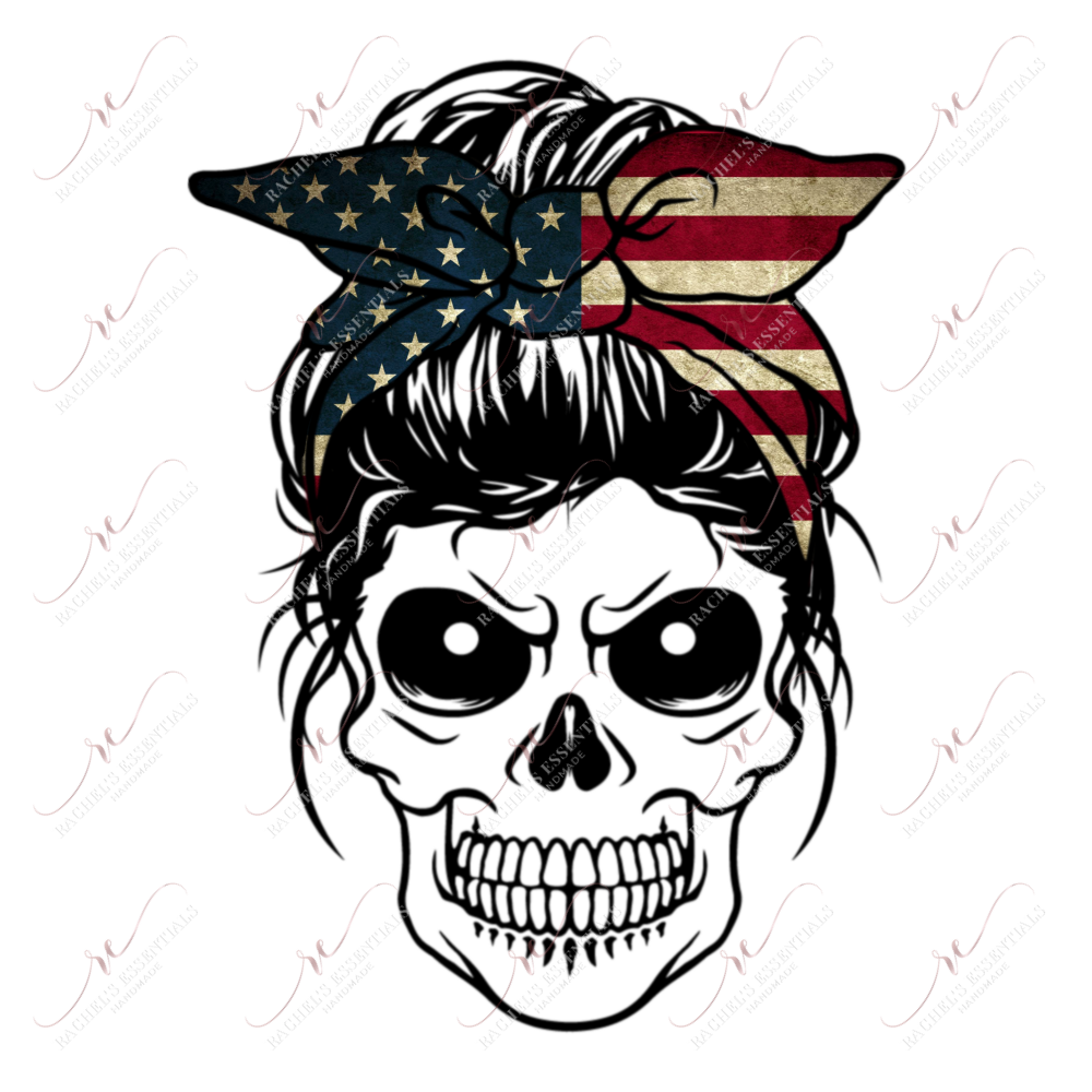 Messy Bun Flag Skull - Ready To Press Sublimation Transfer Print Sublimation