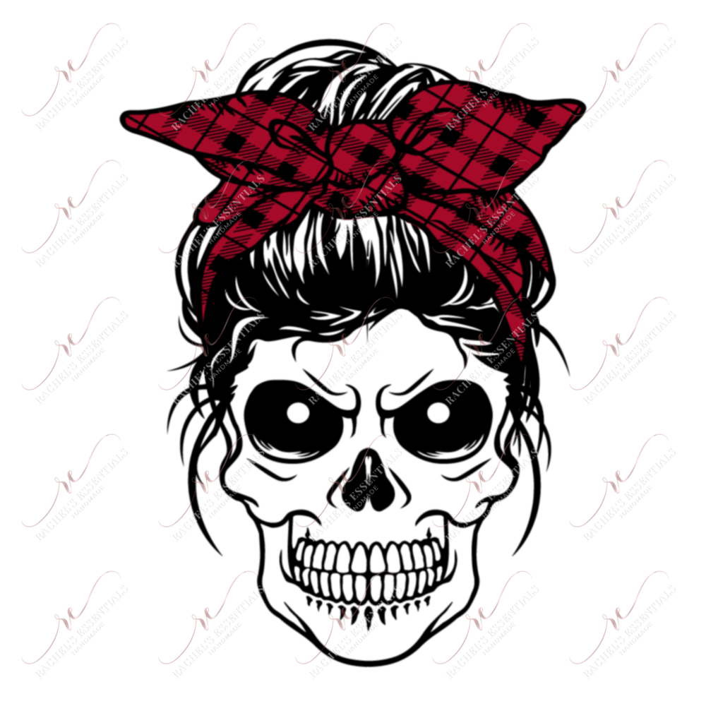 Messy Bun Skull Red Plaid - Ready To Press Sublimation Transfer Print Sublimation