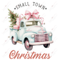 light blue & pink vintage truck with a large pink bow on top. The back of the truck is filled with pink wrapped presents and a green christmas tree
