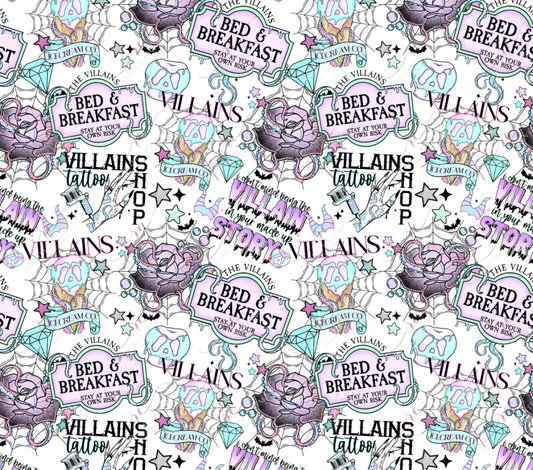 Different villain scenes and wording is scattered throughout the design such as 'I don't mind being the villain in your made up story'. Villains ice cream co., featuring a spiderwebit with a spooly ice cream cone in pink and blue and stars around the design. The Villains bed & breakfast stay at your own risk, is on a purple and light green sign with octopus tentacles holding it. Villains tattoo shop features a hand getting getting tattoos of the different scenes in this design.